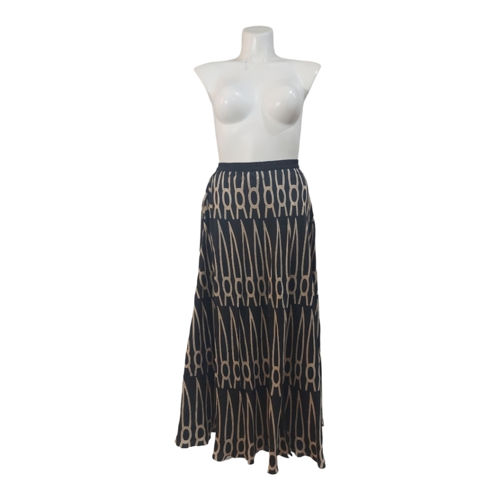 Anupama Women's Large Black Beige Geometric Print Maxi Skirt Boho Elastic Waist - Picture 3 of 13